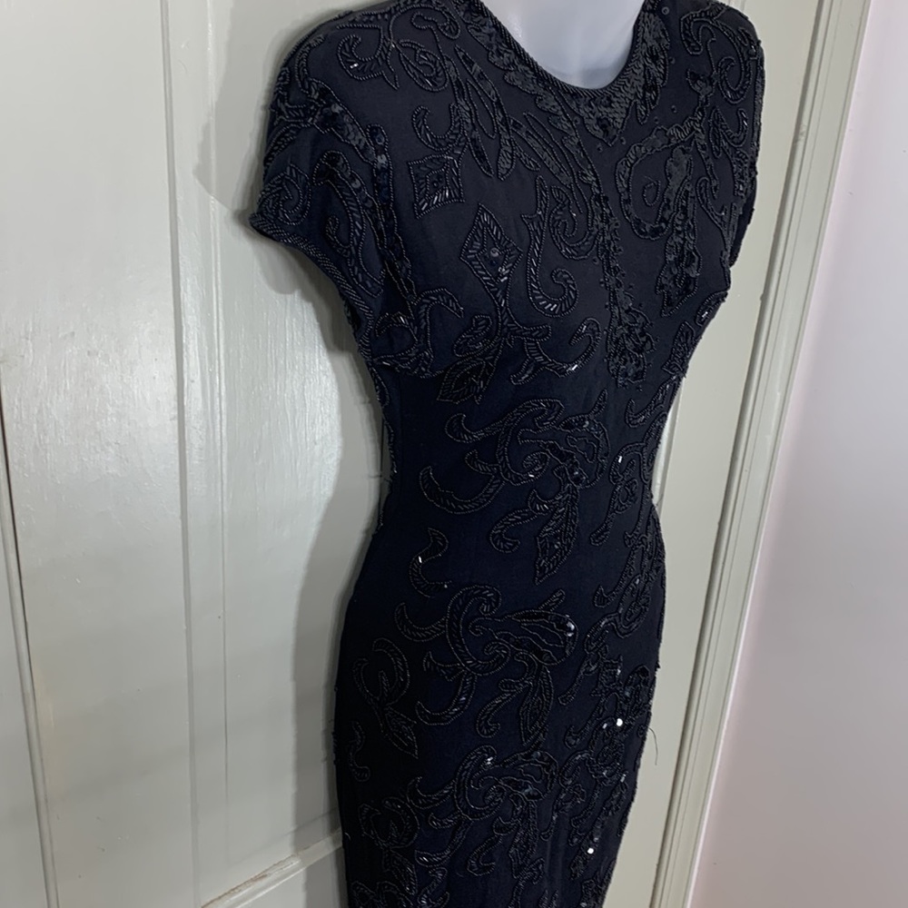 Cache and Carmen Marc Valvo black beaded and sequined dress- contour fitting